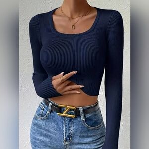 Women's Navy Ribbed Long Sleeve Top